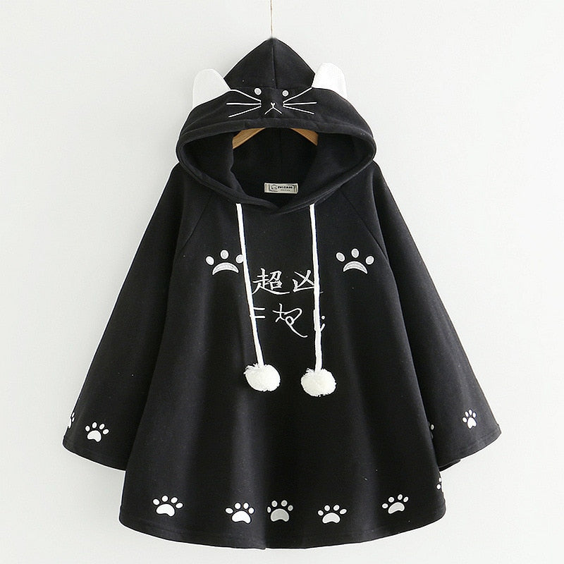 Sixsr Lolita Cloak Harajuku Hoody Cloak Japanese Angry Cat Christmas Deer Fleece Cape Loose Pullover Batwing Sleeve Hoodie Coat