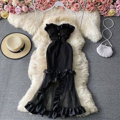 Sixsr Trends  high quality Women Spaghetti Strap Sexy Dress Strapless Bodycon Slim Red Dinner Party Dresses Mesh Patchwork Female Summer Long Dress