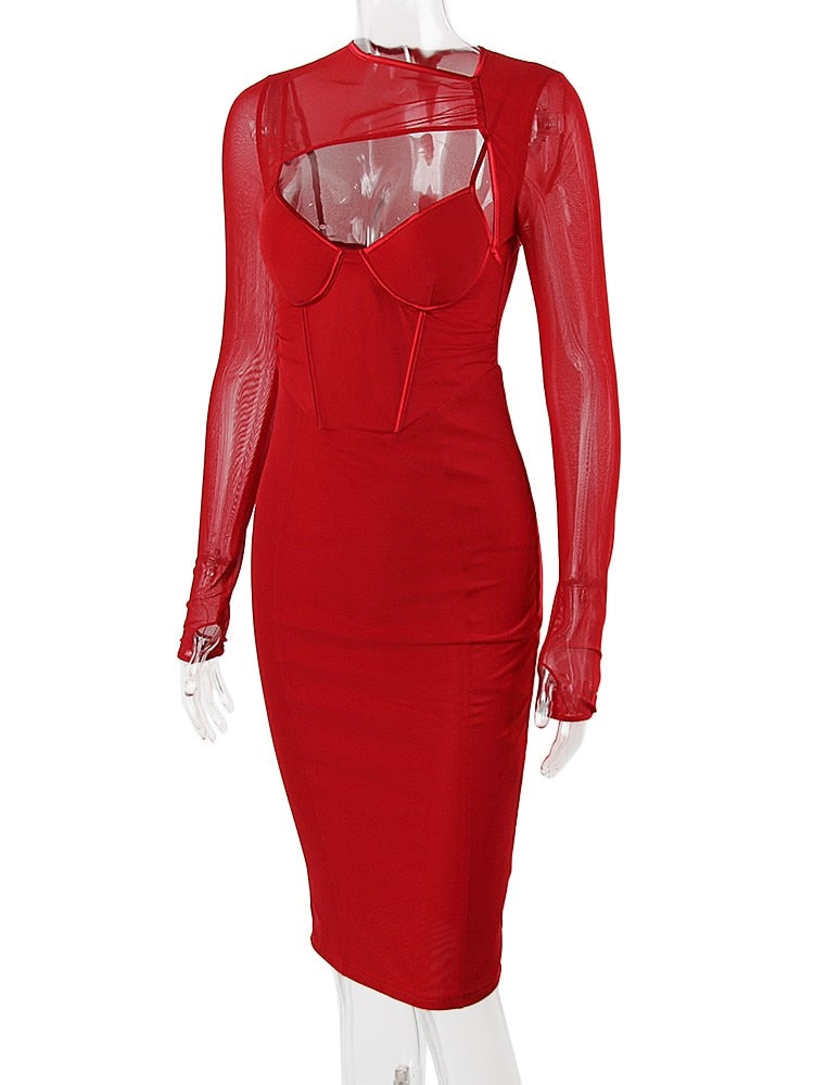 sixsr Spring Autumn Dresses for Women Winter Long Sleeve Padded Corset Hollow Out Lined Wedding Guest Dress Holiday Party Outfit Women Bodycon Elegant Dress