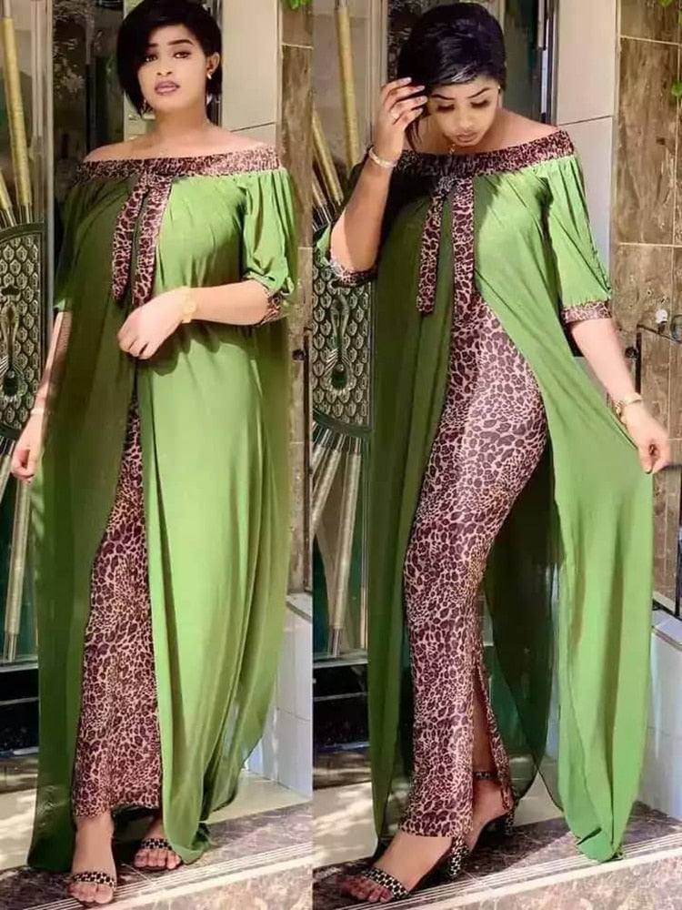 Sixsr Leopard Loose Bodycon Fashion outdoor WomenMaxi Dress Leisure Patchwork Strapless Sexy Ethnic Style African vestidos