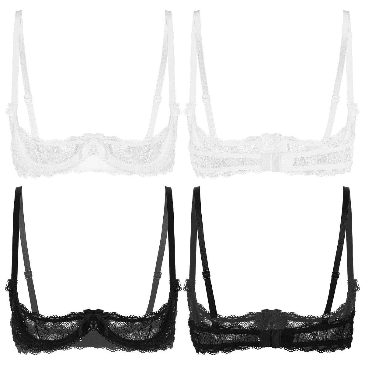 sixsr Women See Through Sheer Lace Hollow Out Lingerie Adjustable Spaghetti Shoulder Straps Open Cups Bra Push Up Underwire Bra Tops