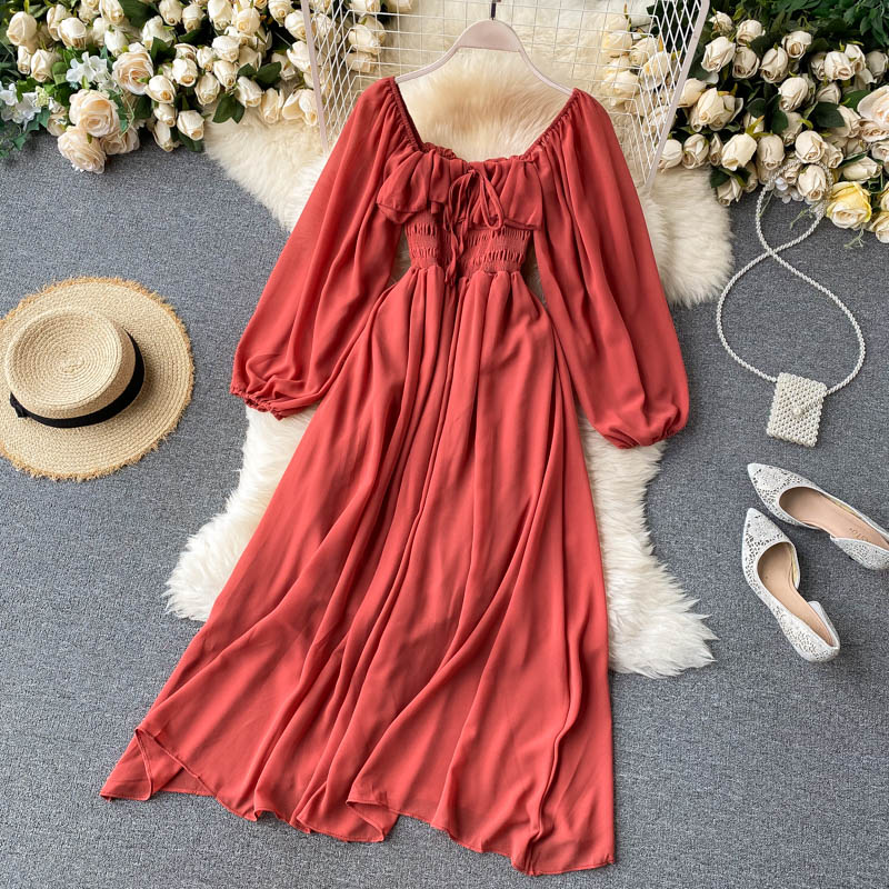 Sixsr Woherb Chic Elegant Square Collar Maxi Dress Women Solid Chiffon Puff Sleeve Dresses Korean Fashion Vintage Ruffle Vestidos