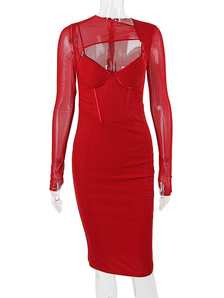 sixsr Spring Autumn Dresses for Women Winter Long Sleeve Padded Corset Hollow Out Lined Wedding Guest Dress Holiday Party Outfit Women Bodycon Elegant Dress