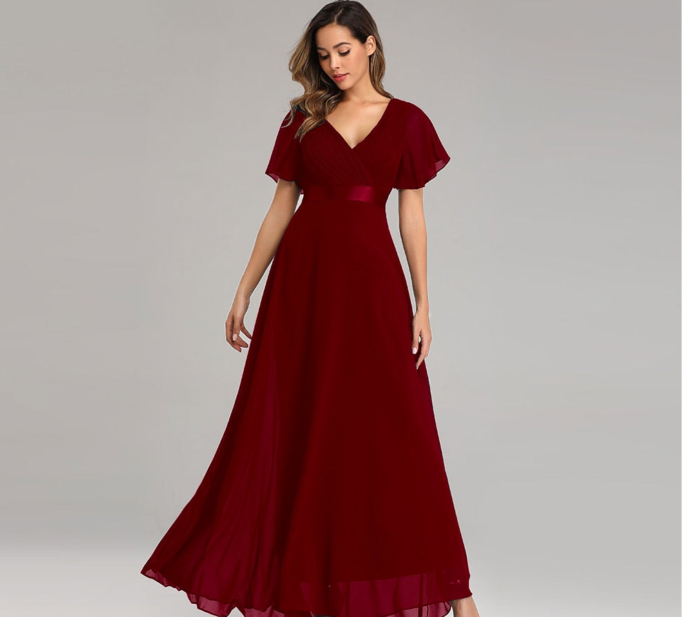 sixsr Evening Dresses Elegant V-Neck Ruffles Chiffon Formal Evening Gown Robe Vestidos De fiesta Dress for Wedding Party