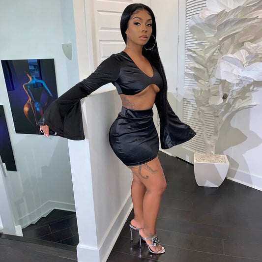 Sixsr Satin Flare Long Sleeve 2 Two Piece Matching Set Women Crop Top Skirt Autumn Winter Birthday Fashion Sexy Clothes