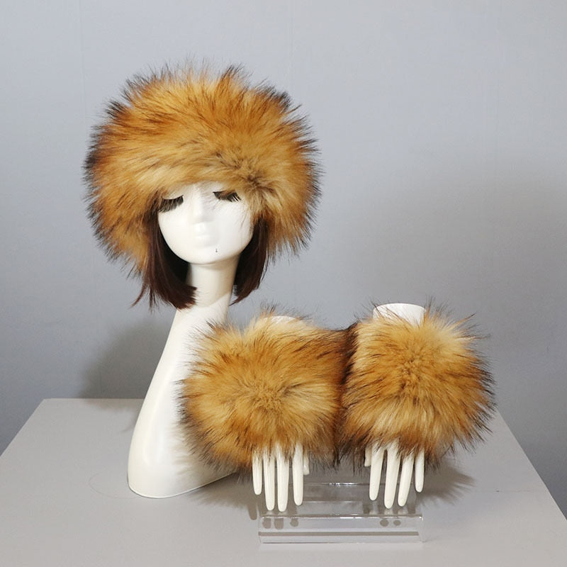 Sixsr New Autumn Winter Caps Female Hats Cuffs Set Fashion Warmth Imitation Quality Design Faux Fur Hat Fox Fur Sleeves Suit Accessary