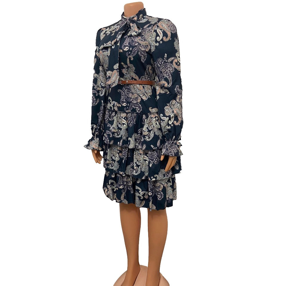 Sixsr Women Printed Dresses Long Sleeves Bowtie Cake Dress Female Ruffles Pleated Africn Fashion Lovely Date Sweet Vestidos Plus Size