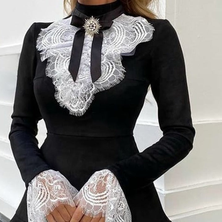 sixsr Women Eyelash Lace Bell Sleeve Ruffles Dress Party Dress Elegant Fashion Dress