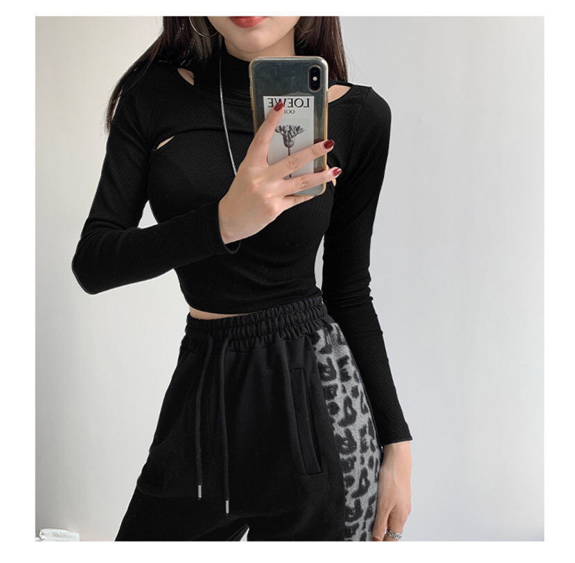 Sixsr Hollow Knitted Crop Tops Women New Fitness Fake Two-piece T-shirt Female Black White Long Sleeve Tops