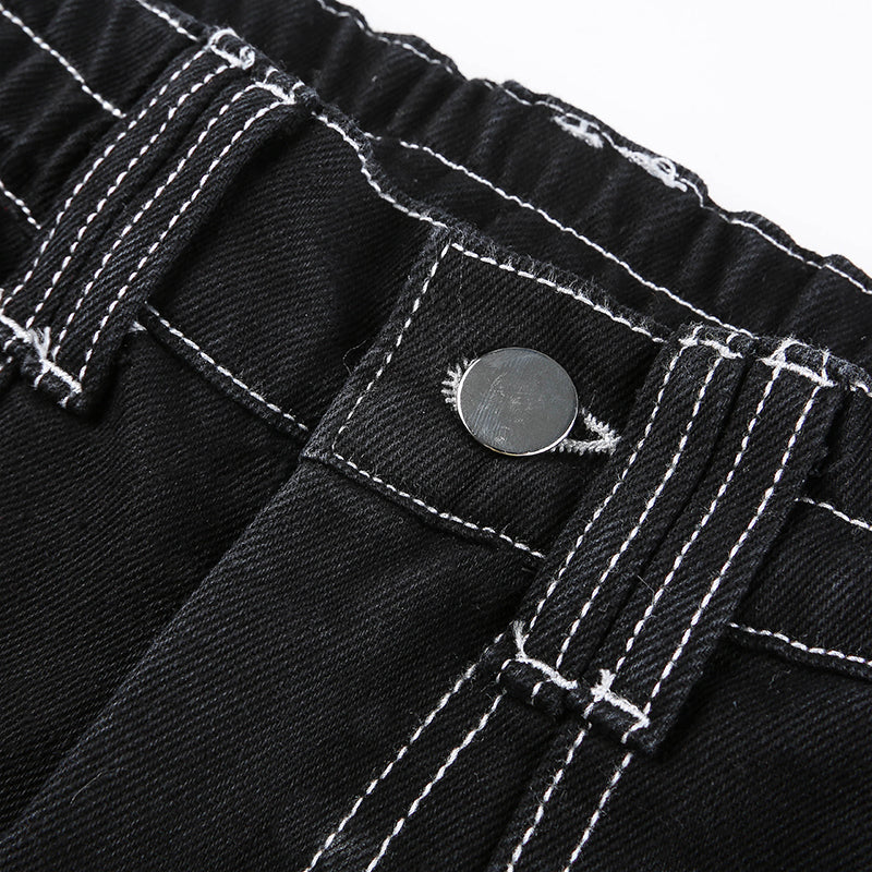 Sixsr Womens Fashion Trends Pockets Patchwork Baggy Jeans Fashion Streetwear 100% Cotton Women Denim Trouser Loose Cargo Pants Korean Jeans Harajuku