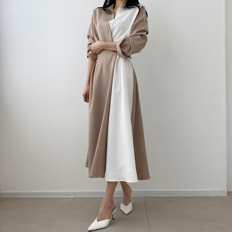 Sixsr Spring Autumn Retro Temperament Contrast Color Lapel Long-Sleeved Shirt Female Midi Dress Korean Elegant Fashion Slim Chic Dress