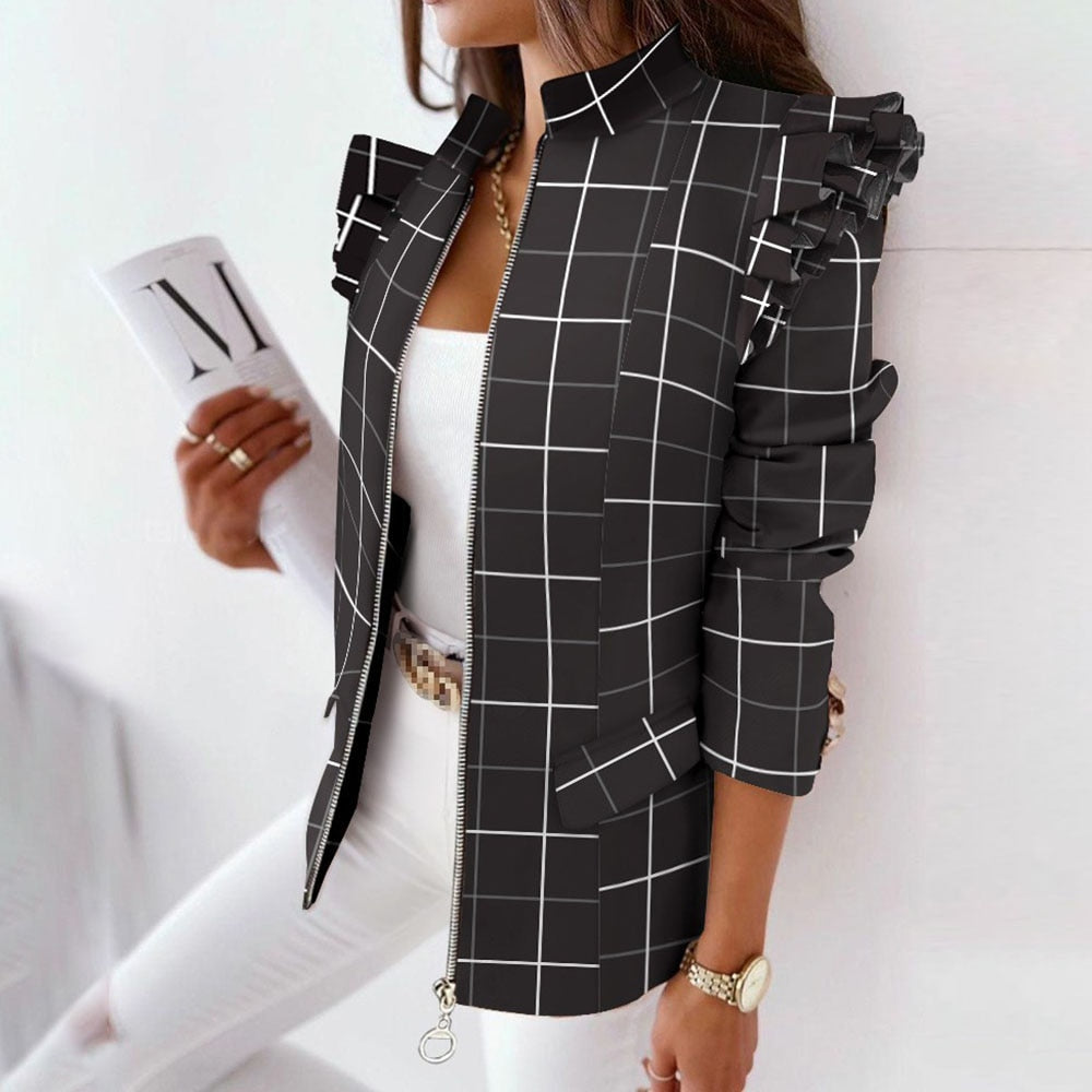 Sixsr Casual Plaid Zip Blazer Jacket Women Spring Fall Long Sleeve Stand Neck Slim Coats Elegant Leopard Ruffle Office Suit Coat