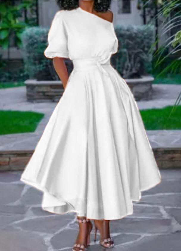Sixsr Women Dress Bare Shoulder Waist Belt Long A Line Pleated Orange Casual Fashion Female Ladies Elegant New Autumn Summer Robes
