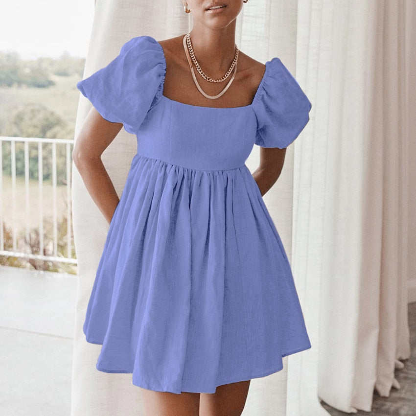 Sixsr Vintage Casual Short Dress Summer Women Puff Sleeve A Line Dresses High Waist Square Collar Linen Ladies Dress Khaki