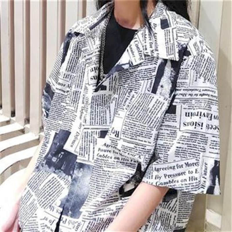 Newspaper shirt Korean trend men's shirt long-sleeved loose couple lovers shirt student all-match shirt 2024 fashion streetwear