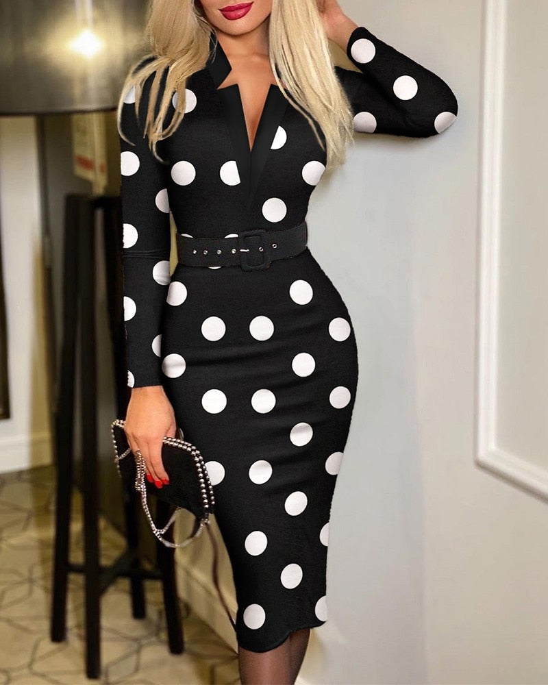 Sixsr Spring Outfits  Trends Office Lady Long Sleeve V-neck Maxi Dress Spring Autumn Vintage Print Slim High Waist Belted Vestidos De Mujer Elegant Dresses