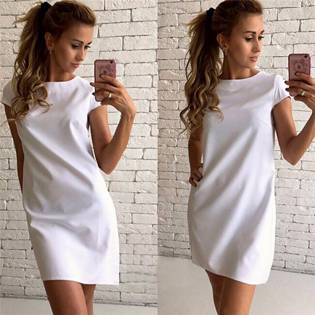Sixsr Women Female Short Sleeve Loose Mini Short A-line Dresses Summer Beach Casual Dress Candy Color S-XXL