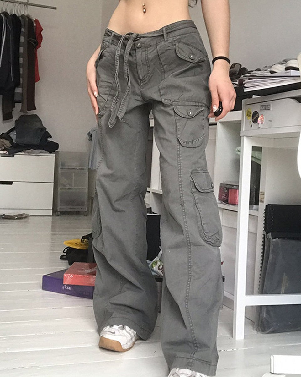 Sixsr Fashion Women's Jeans Y2K High Street Waist Denim Trousers Drawstring Waist Flap Pocket Baggy Jeans Loose Women's Classic Pants