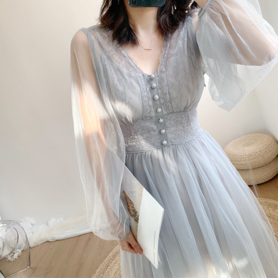 Fall Brand New Women Dress V-neck Puff Sleeve Mesh Midi Dress Plus Size Fairy Tulle Lace Dress Elegant Long Dress Vestidos