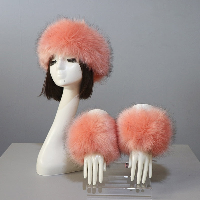 Sixsr New Autumn Winter Caps Female Hats Cuffs Set Fashion Warmth Imitation Quality Design Faux Fur Hat Fox Fur Sleeves Suit Accessary