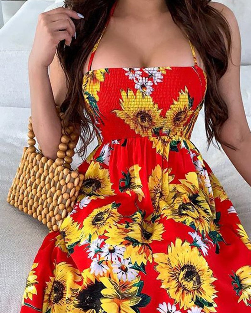 Sixsr Women Sexy Open Back Sunflower Print Bandage Boho Maxi Dress Summer Beach Holiday Halter Sleeveless Long Dress