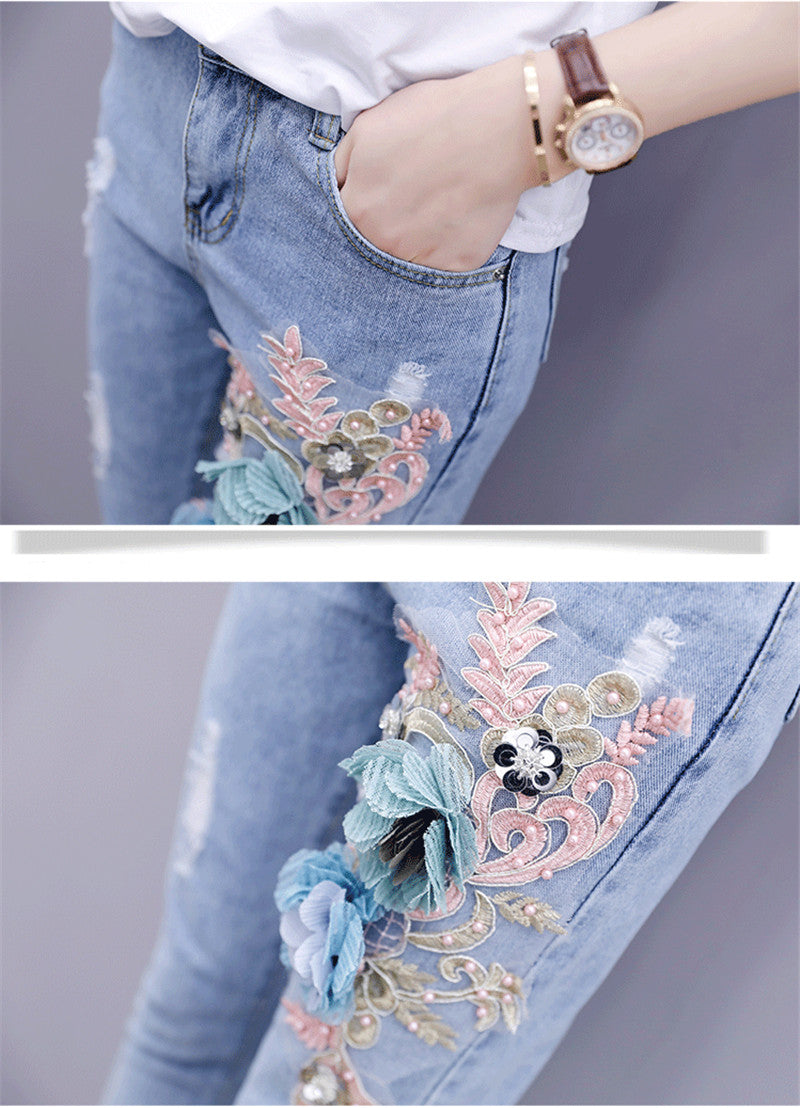 Sixsr One-Piece/Set Summer New Women Denim Pants Beaded Embroidery Short-Sleeved + Small Feet Hole Jeans Female Two-Piece Suit425