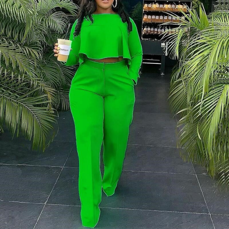 Sixsr  Elegant Work Wear Two Piece Set Fall Clothes for Women Ruffles Crop Top and Wide Leg Pants Suits Matching Sets Sexy Club Outfits