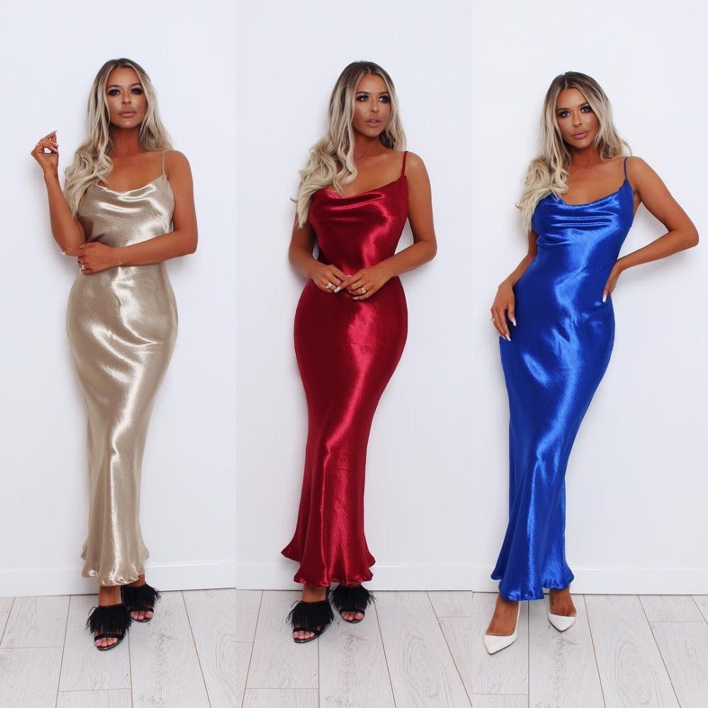 Sixsr Summer Dresses For Women Sexy Spaghetti Strap Backless Summer Dress Women Satin Lace Up Trumpet Long Dress Elegant Bodycon Party Dresses