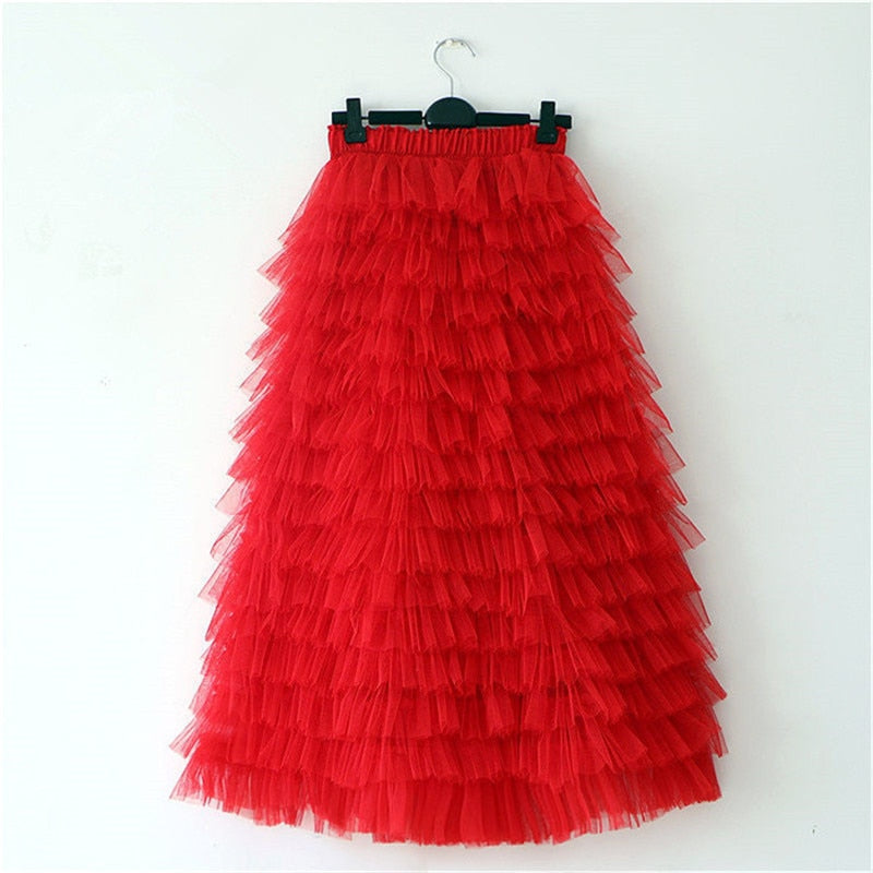 sixsr jupe femme ete Spring Party Skirt Elastic High Waist Long Tulle Skirt Women Multilayer ruffles Pink Mesh Tutu Skirt Ladies