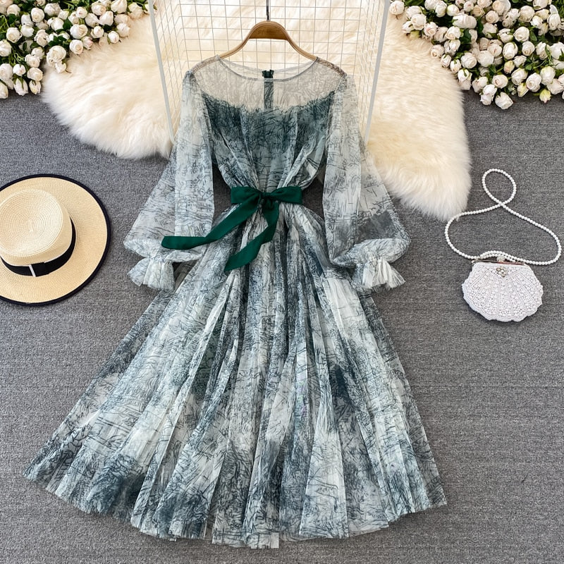 Sixsr Sexy Mesh Printed Dress Women Spring Autumn Round Neck Puff Long Sleeve Ink Pattern A-Line Big Swing Vestidos Female New