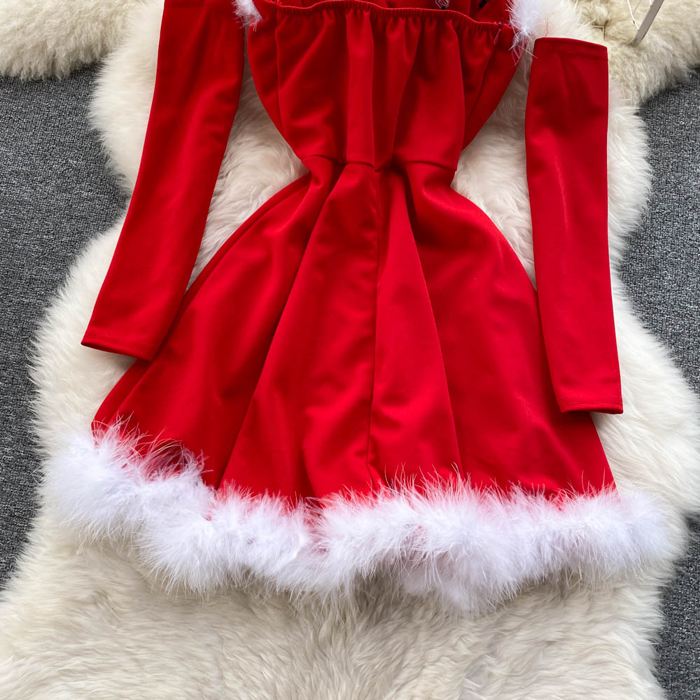 Sixsr Gifts For Women Elegant Dress For New Year Strapless Backless Furry Sexy Short Mini Christmas Dress Navidad Red Party Dress Femme