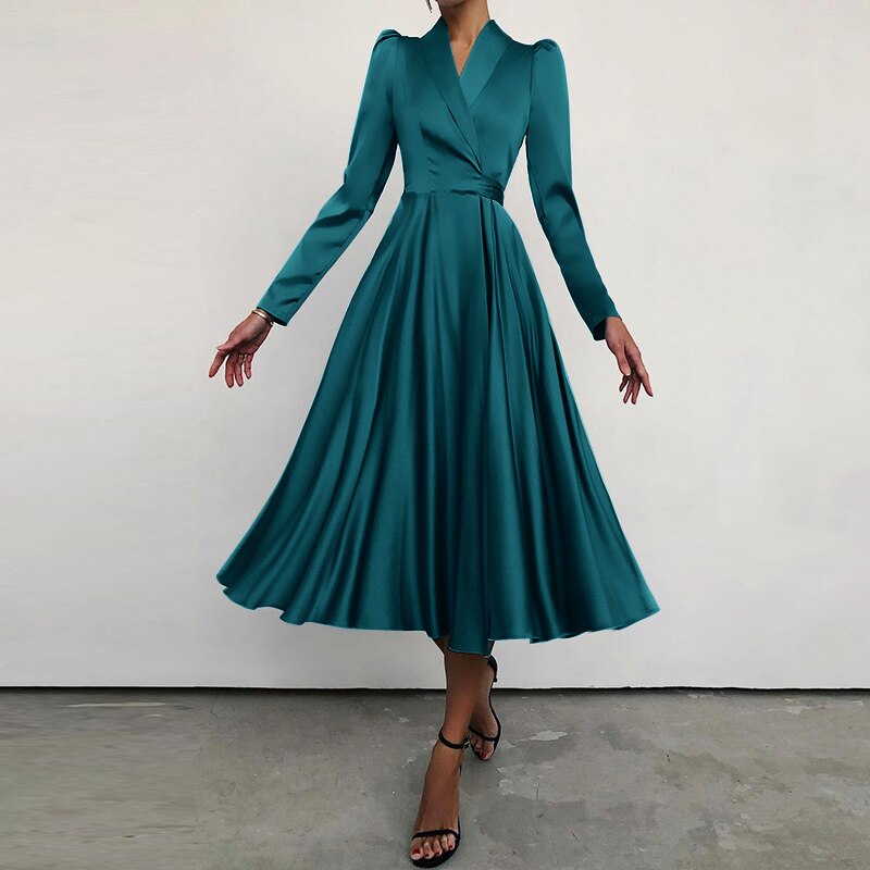 Sixsr Fashion Satin Party Dress Women Elegant Suit Collar Solid Midi Dresses Autumn Bandage Waisted Pleated Swing Vestidos(out of stock)