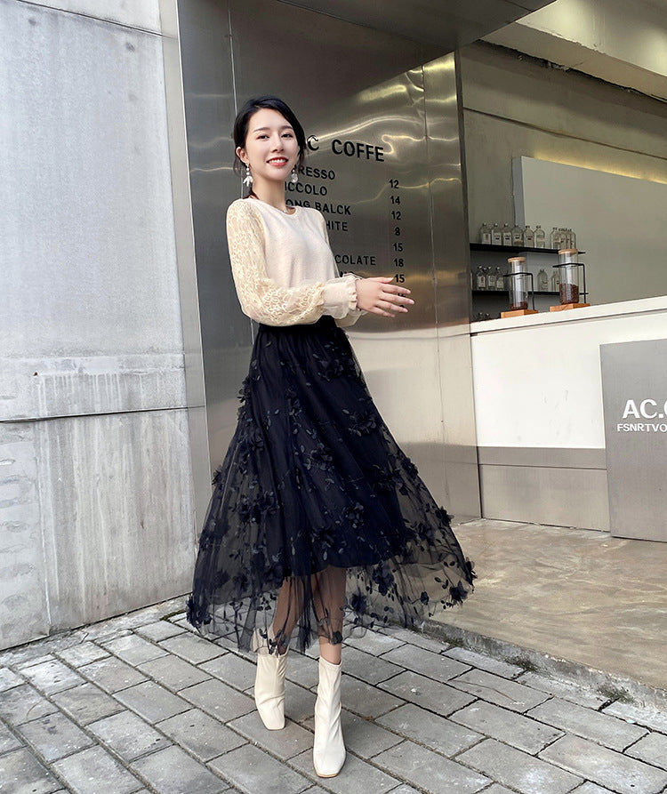 sixsr Luxury Woman Skirts Korean style Fashion Elastic Waist Appliques Embroidery Floral Mesh Skirt Long Gauze Ball Gown Skirt