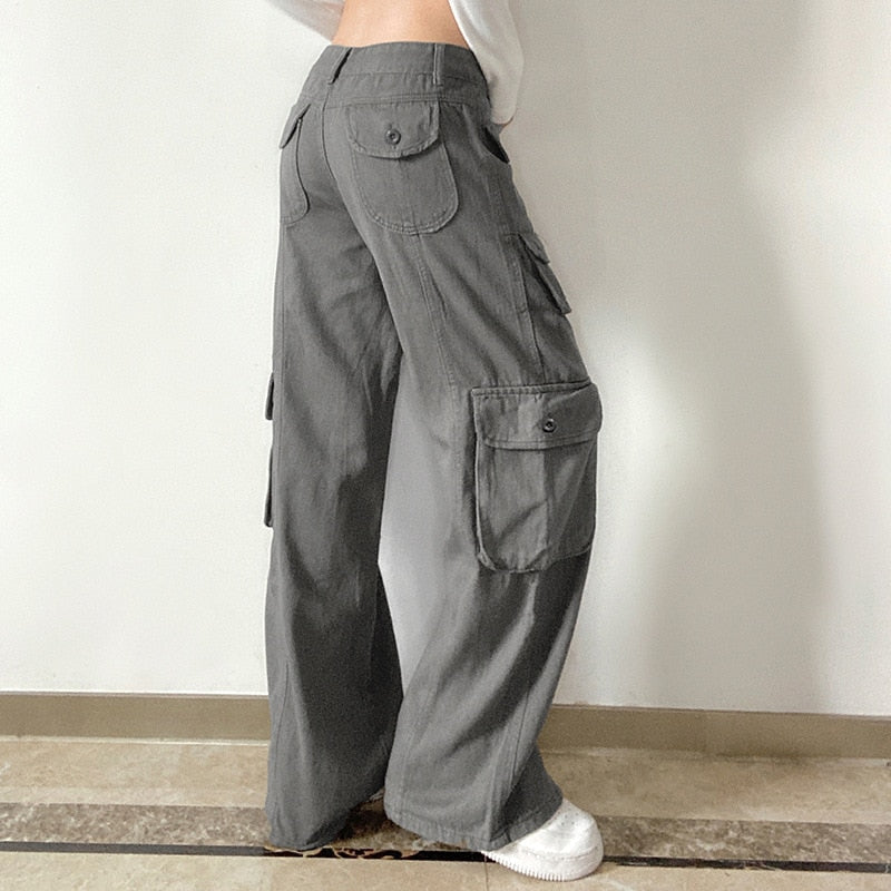 Sixsr Fashion Women's Jeans Y2K High Street Waist Denim Trousers Drawstring Waist Flap Pocket Baggy Jeans Loose Women's Classic Pants