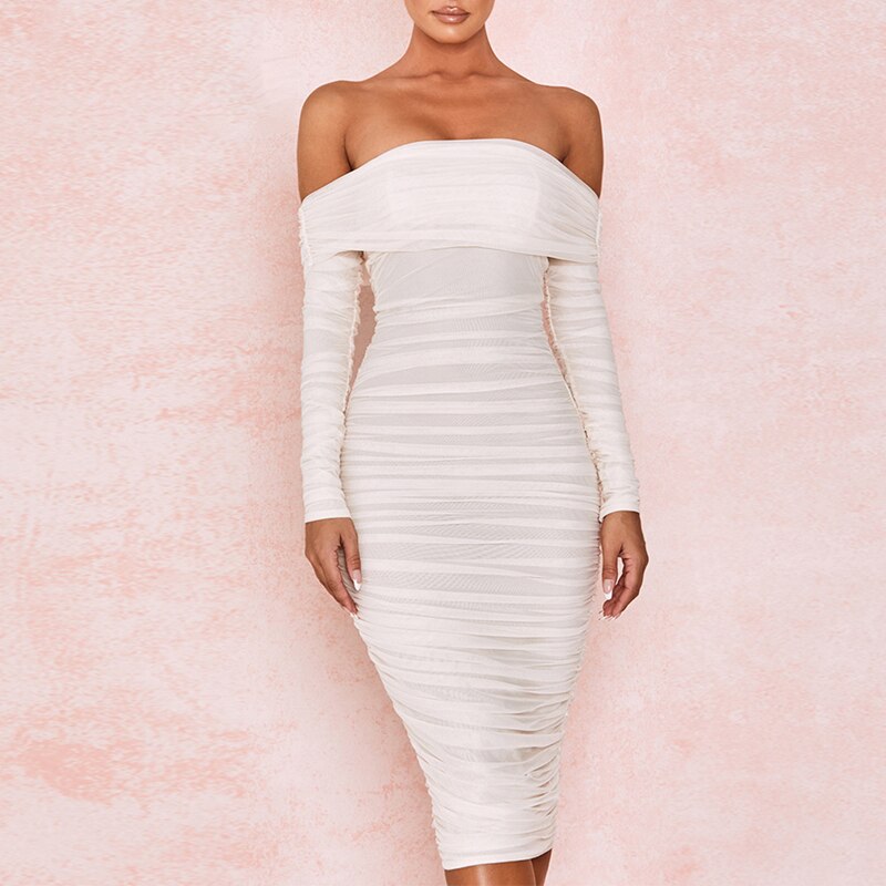 Sixsr Trends high quality Off Shoulder Ruched Double Layer Mesh Dress Women Long Sleeve Sexy Dresses Ladies Autumn Party Long Christmas Dress
