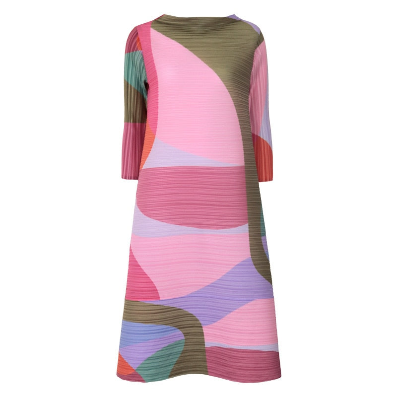 sixsr Pleated Dress Women Hit Color Geometric With Belt Sashes Over Size Long Sweet Casual New Spring Fashion Tide