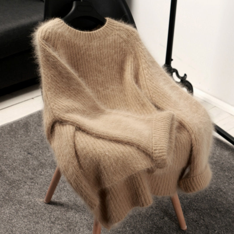 Sixsr high quality winter outfits aesthetic New Winter Women's Thickened Round-Neck Mohair Pullover Sweater Pure Color Female Loose Knitwear Long Sleeve Asymmetry Knit Top