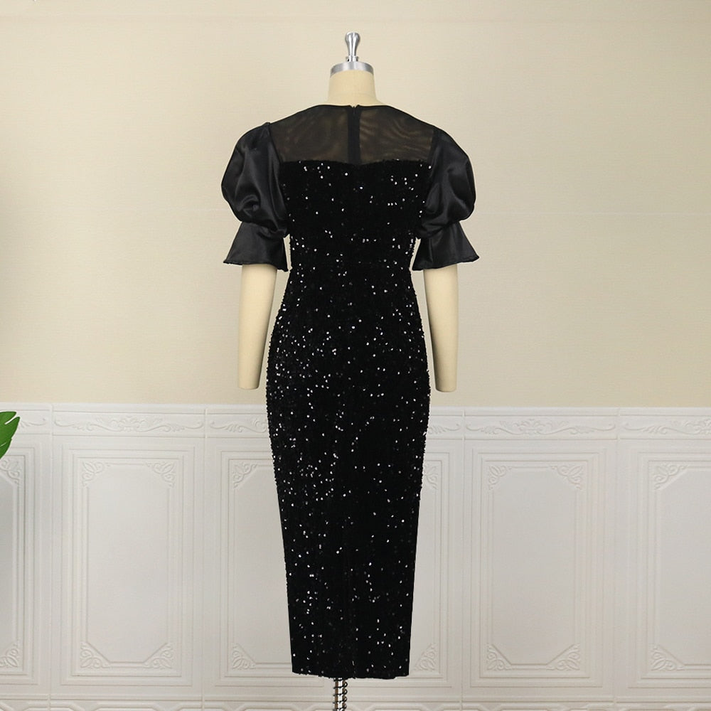 Sixsr Womens Fashion Women Black Long Dress Sequined Shiny Glitter Embroidered Chest Wrapped Puff Sleeve Classy Winter Fall Party Celebrity Birthday