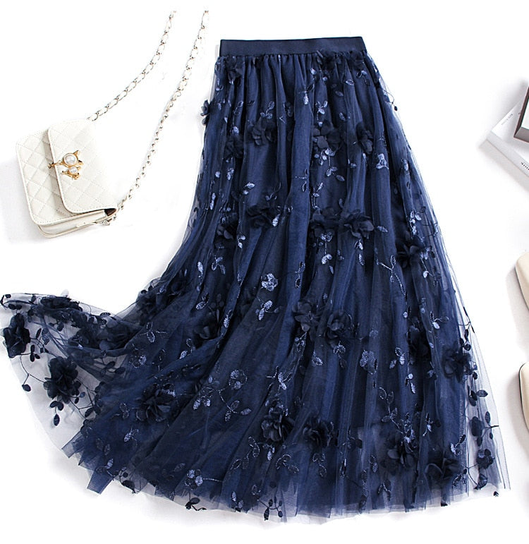 sixsr Luxury Woman Skirts Korean style Fashion Elastic Waist Appliques Embroidery Floral Mesh Skirt Long Gauze Ball Gown Skirt