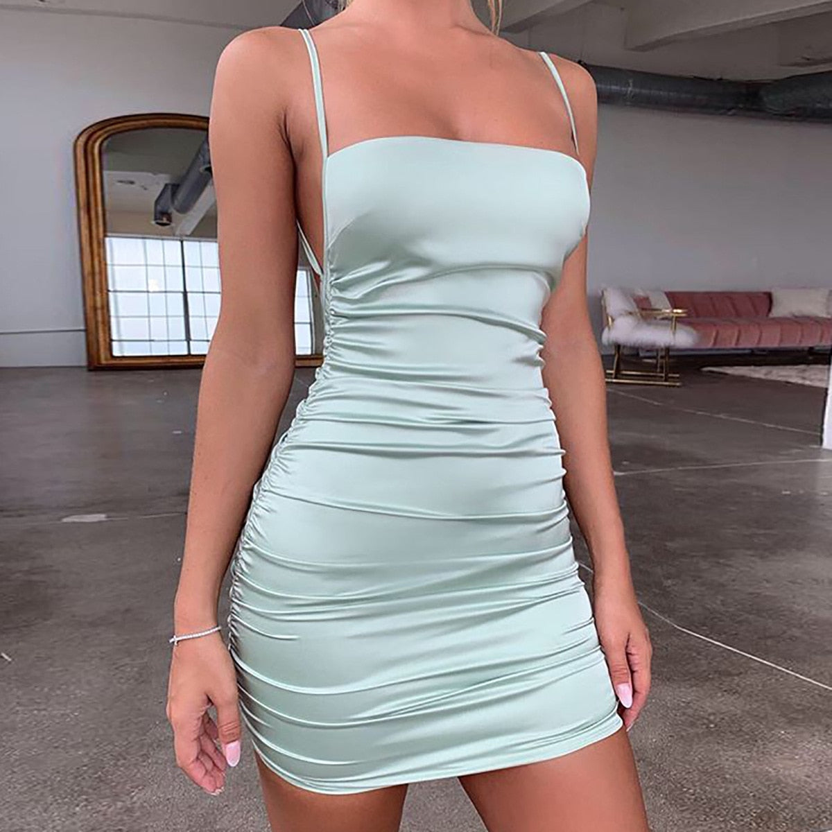 Sixsr Pink Satin Silk Spaghetti Strap Mini Dress Summer Women Sexy Bandage Backless Sleeveless Ruched Bodycon Dress Woman Club Dresses