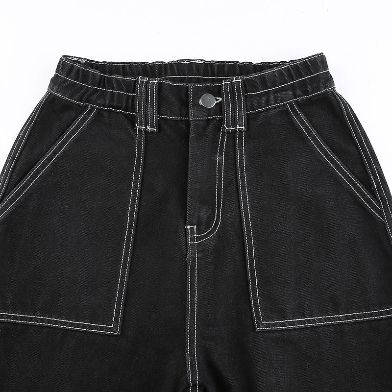 Sixsr Womens Fashion Trends Pockets Patchwork Baggy Jeans Fashion Streetwear 100% Cotton Women Denim Trouser Loose Cargo Pants Korean Jeans Harajuku