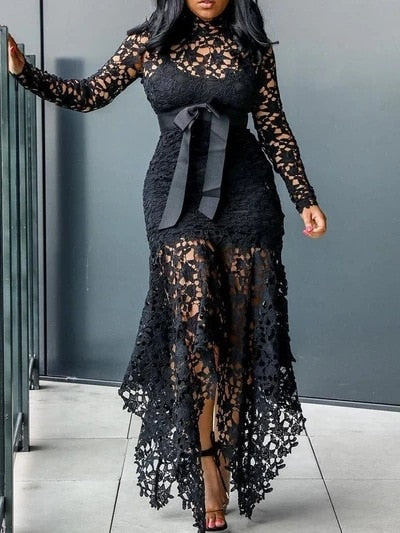 sixsr Slim Sexy Dress Women Spaghetti Straps Lace Mesh Perspective Party Fishtail Patchwork Midi Bodycon Plus Size Vestidos