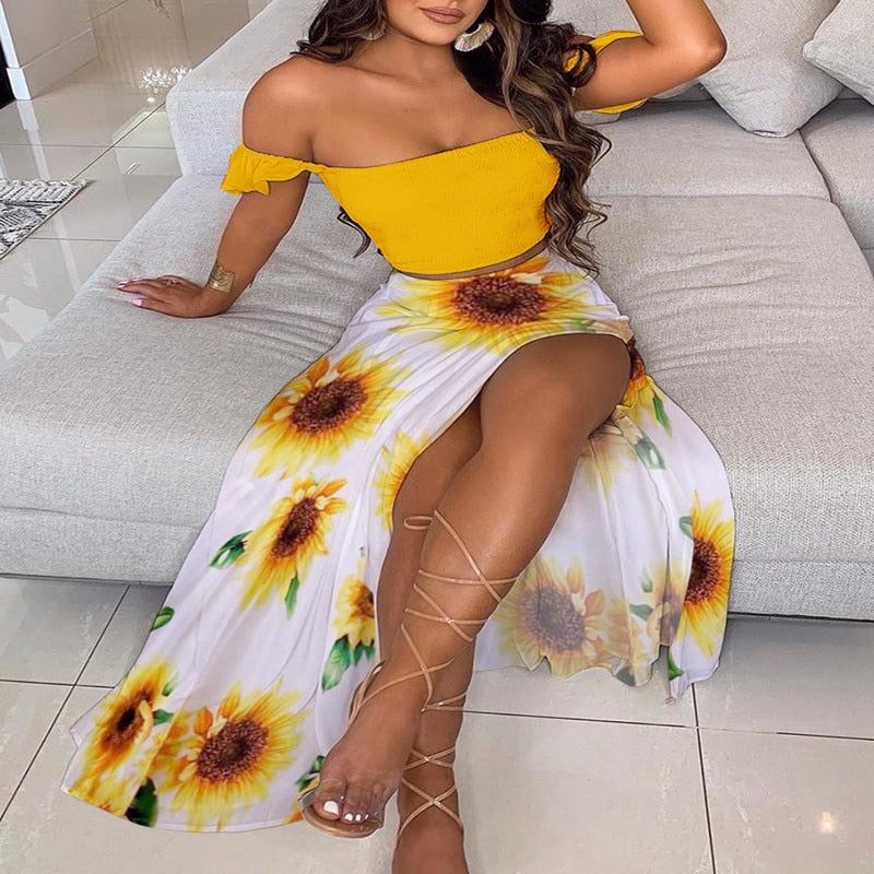 sixsr Off Shoulder Women Two Piece Set Sexy Slash Neck Top and Slit  Summer Long Party Dress Suits Spring Floral Print Skirts Sets