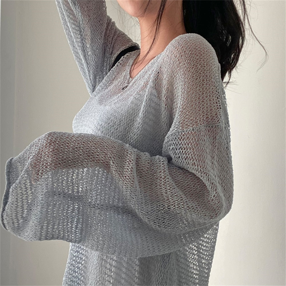 Sixsr Lazy Style Full Sleeves Jumpers Tops Hollow Out Sexy Women Fashion Casual Streetwear Chic Femme Sweaters Pullovers