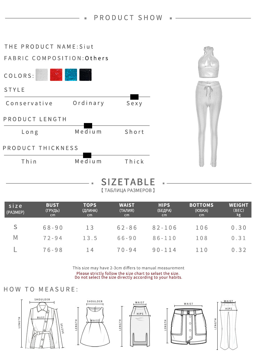 sixsr Sexy Bright Women 2-Piece Suits Criss Cross Halter Camisole Tops+Skinny Split Pants Sportswear Female Night Clubwear