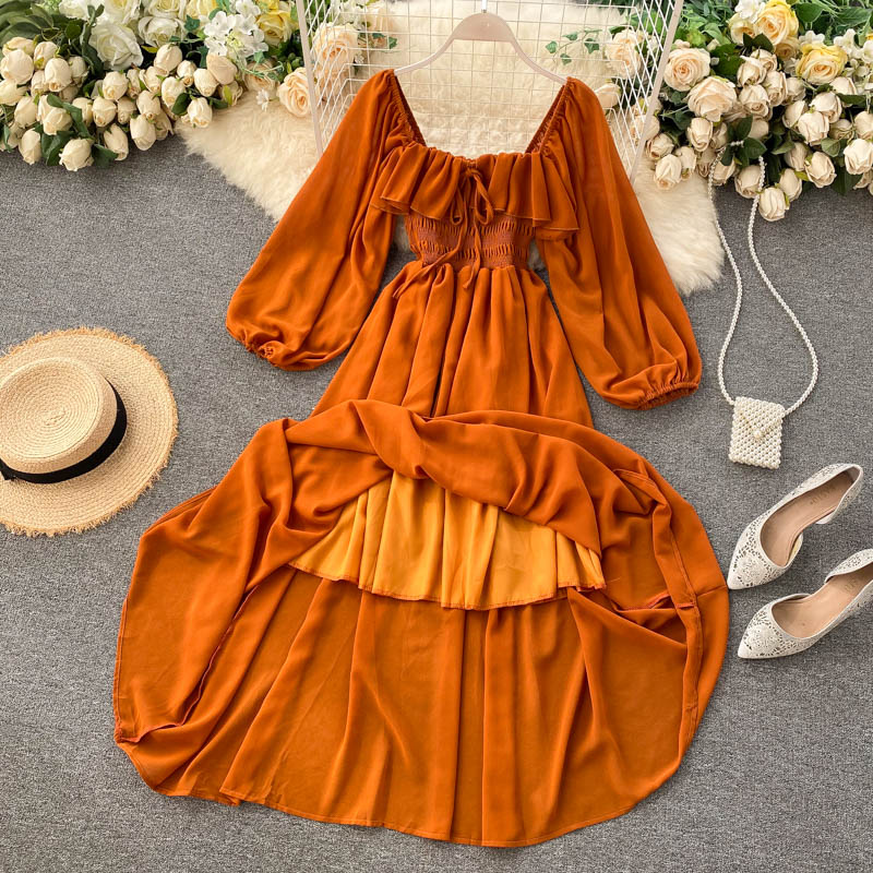 Sixsr Woherb Chic Elegant Square Collar Maxi Dress Women Solid Chiffon Puff Sleeve Dresses Korean Fashion Vintage Ruffle Vestidos