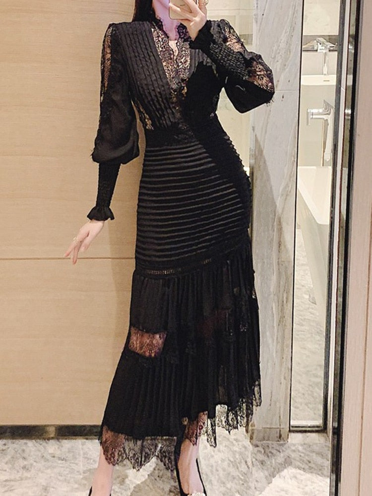 Sixsr High Quality Self Portrait Dress Women Sexy V-neck Lantern Sleeve Long Sleeved Cake Long Dresses Chic Lace Summer Dress