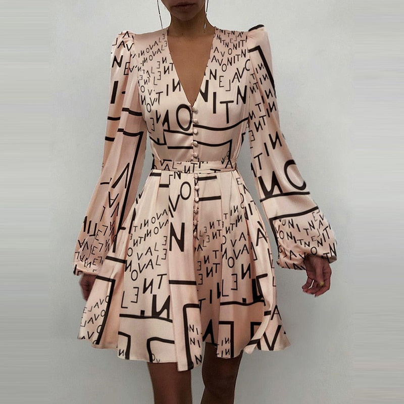 Sixsr Trends high quality Spring New Women Sexy V Neck Letters Print Fashion Short Dresses Casual Satin Slim Lantern Sleeves Zipper Elegant Party Vestidos