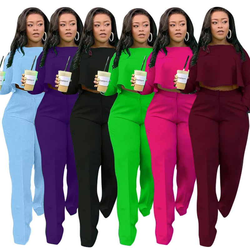 Sixsr  Elegant Work Wear Two Piece Set Fall Clothes for Women Ruffles Crop Top and Wide Leg Pants Suits Matching Sets Sexy Club Outfits