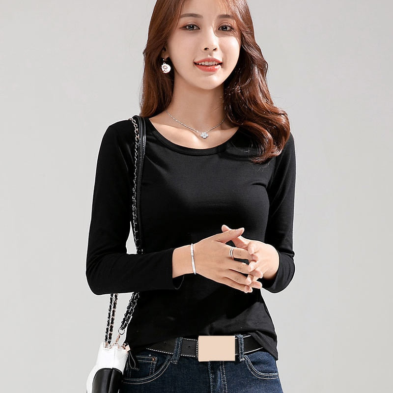 Sixsr Womens New Fashion Brand New Women's T-shirt Slim Pure Cotton 95% Women T-shirt Long-sleeved for Female Thin White Tops Woman Tees Shirt